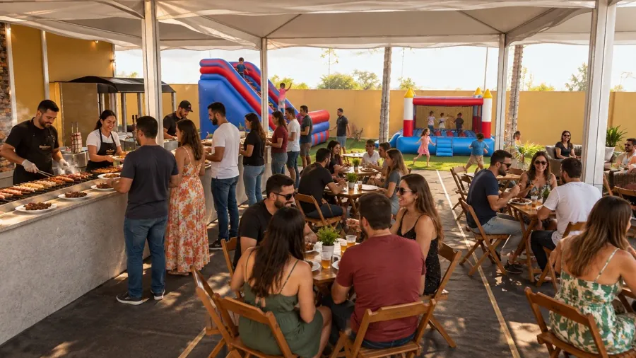 Projeção em 3D da estação de churrasco e das mesas sob as tendas